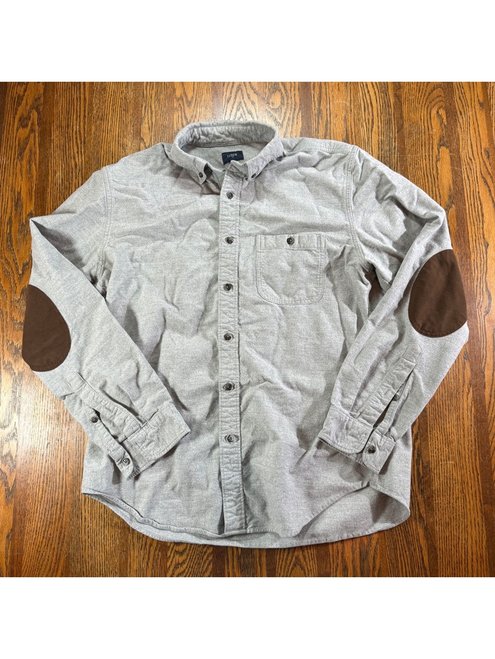 J.Crew Mens M Gray Flannel Button Down Shirt Brown Suede Elbow Patches